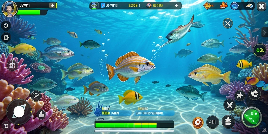 Tangkapan layar gameplay DEWI11 yang menunjukkan momen seru menembak ikan.