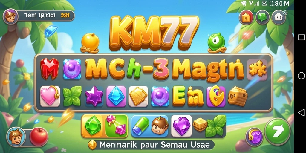 Screenshot KM777 menunjukkan gameplay Match-3 yang memikat dan berwarna-warni.