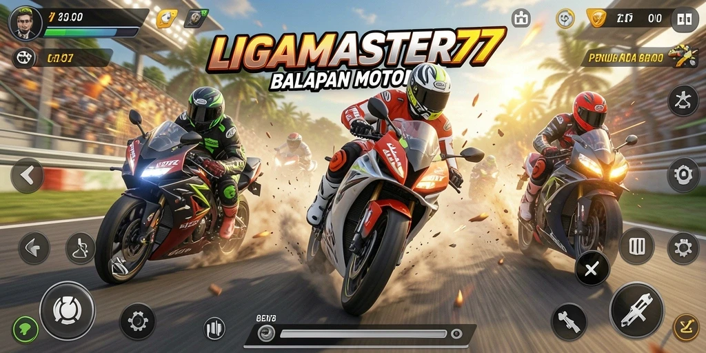 Screenshot gameplay LIGAMASTER77 menampilkan balapan motor yang mendebarkan.