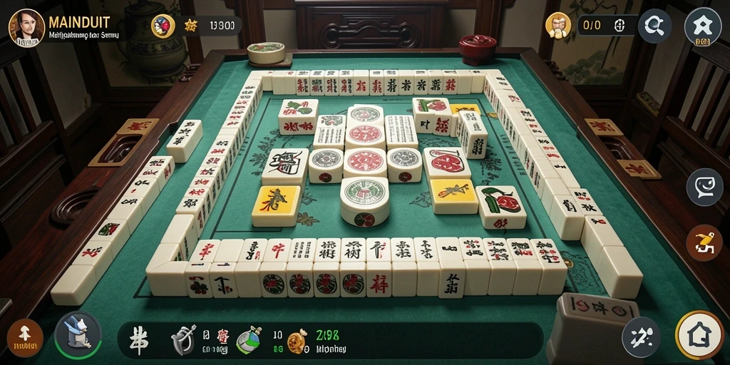 Screenshot gameplay MAINDUIT menunjukkan tantangan seru Mahjong.